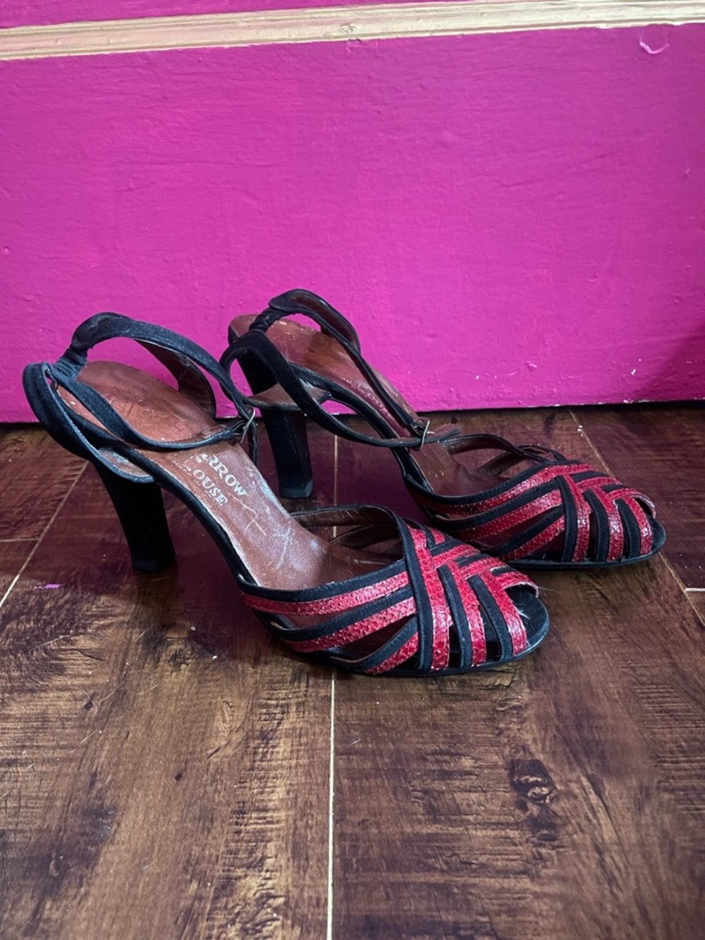 Vintage 1970’s Red and Black leather Strappy High Heel Sandals with ankle strap.